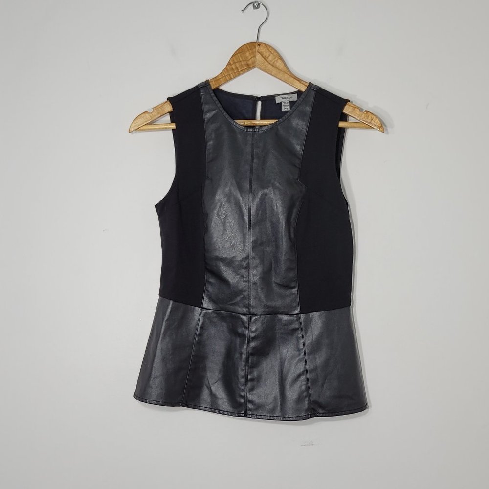 Tristan | Black Faux Leather Peplum Sleeveless Shirt Top Zipper Back Stretch S